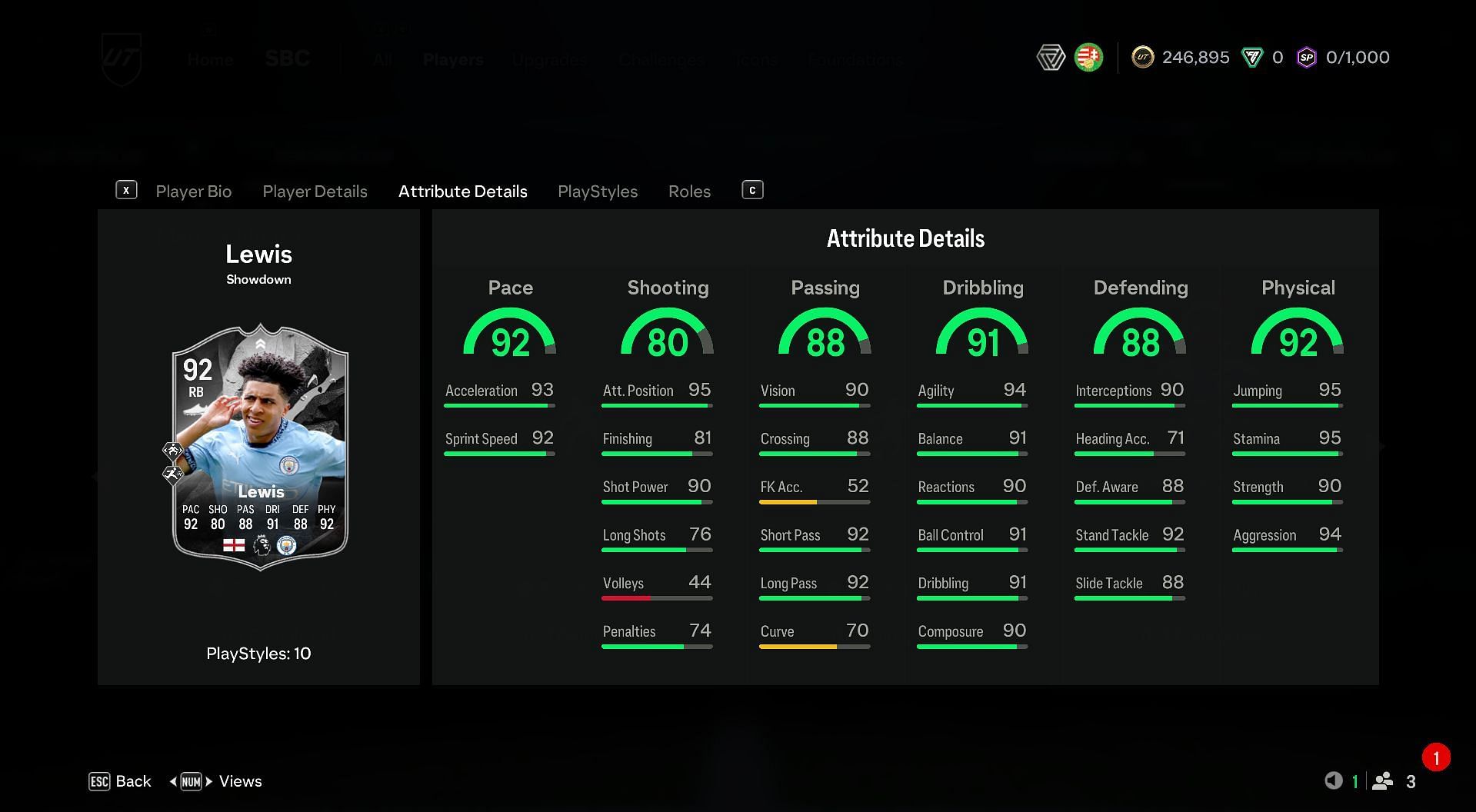 Rico Lewis's attributes from the Adam Wharton vs Rico Lewis Showdown SBCs (Image via EA Sports)